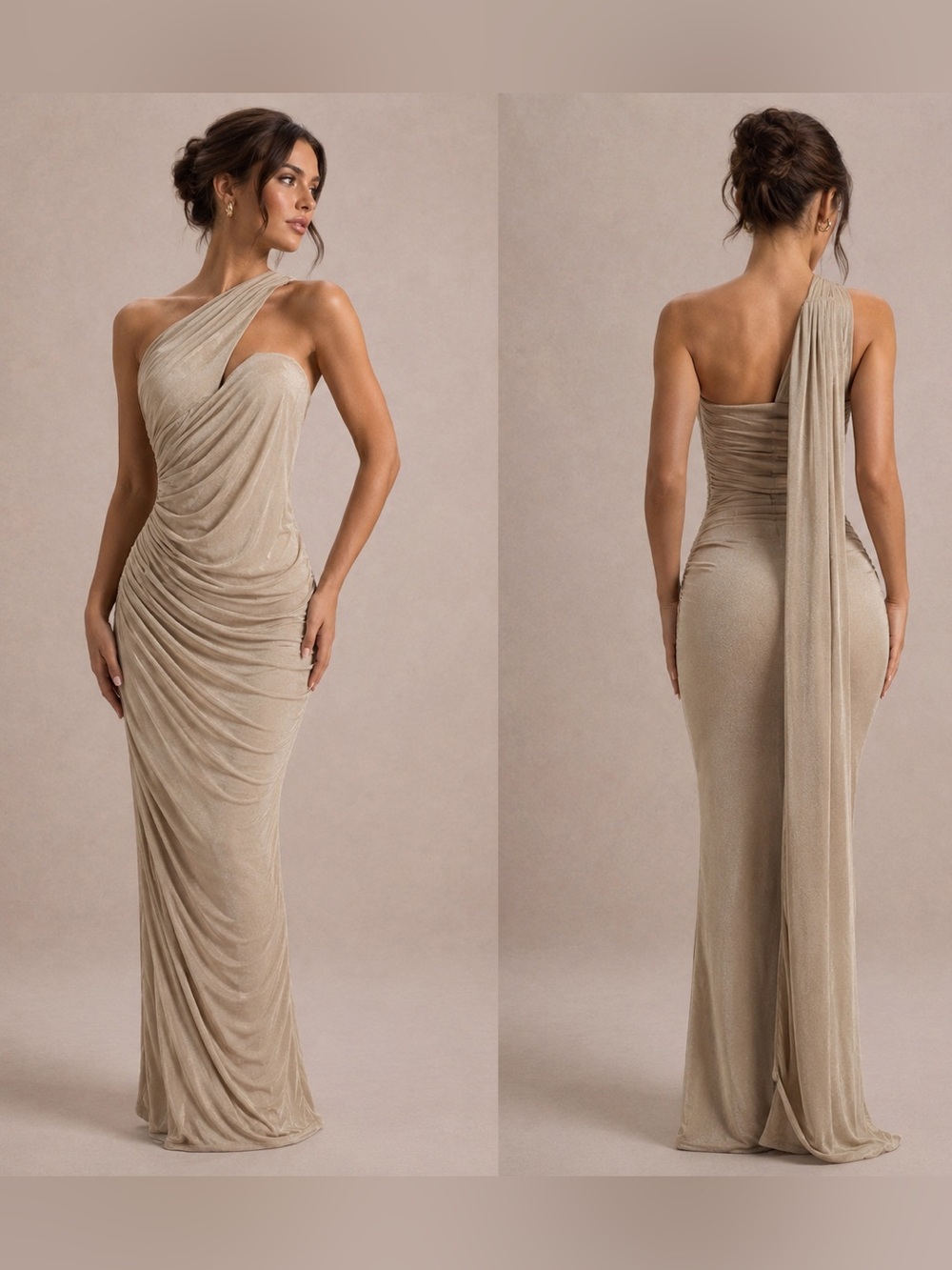 HAUTE Asymmetrical Ruched Bodycon Maxi Dress S BNWOT Beige One Shoulder